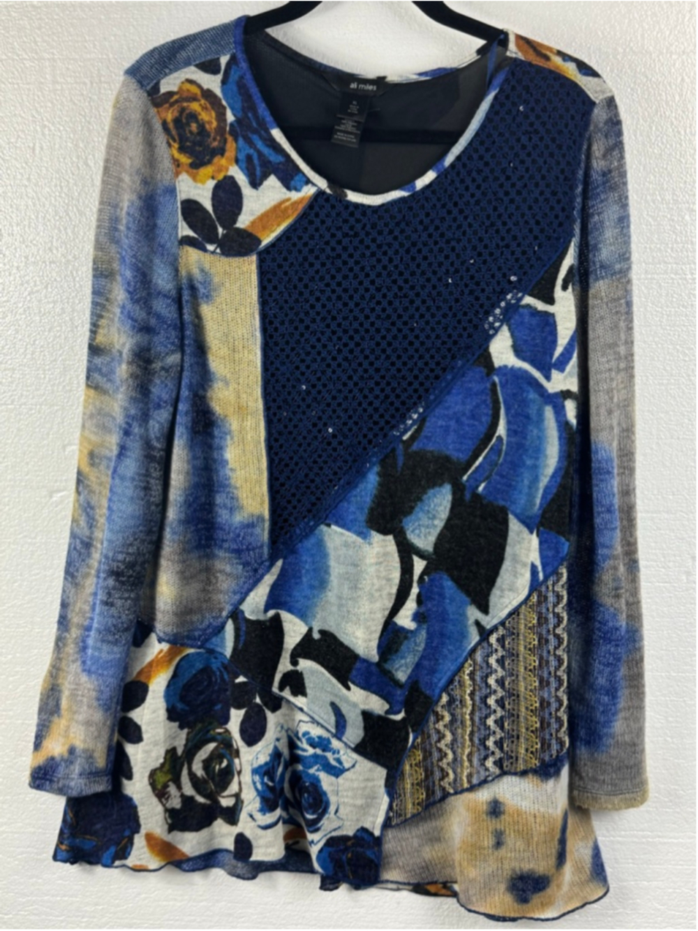 Ali Miles Patchwork Mesh Knit Boho Floral Sweater size XL